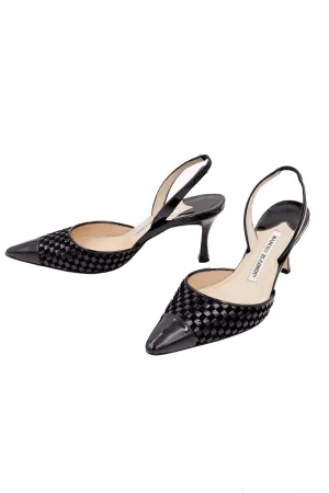 2000s Manolo Blahnik Black Basket Weave Leather Carolyne Slingback Shoes