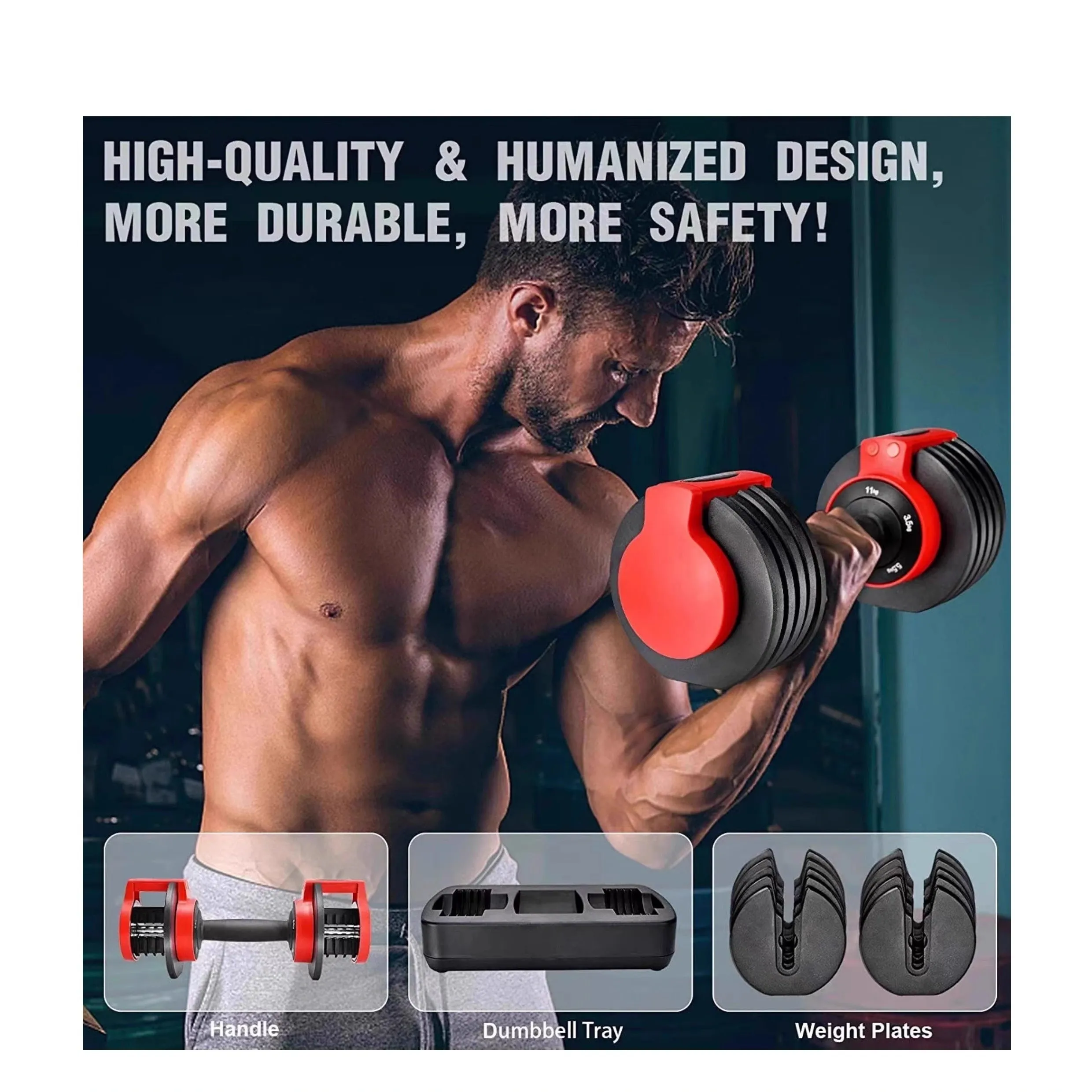 3-in-1 Adjustable Dumbbell Set (7.4 - 48 Lbs) - Space-Saving Home Gym Equipment for Dumbbells, Barbell, Kettlebells & Push-Up Training