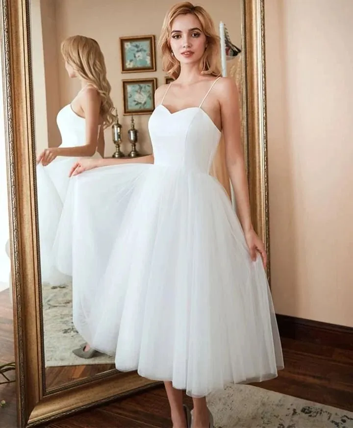 50s Tulle Short Wedding Reception Dress with Spaghetti Straps