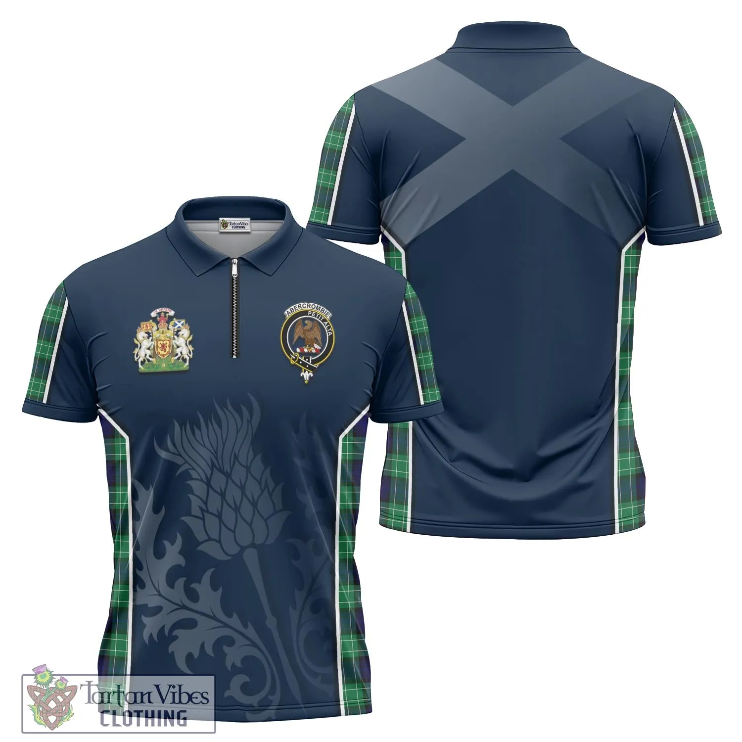 Abercrombie Tartan Zipper Polo Shirt with Family Crest and Scottish Thistle Vibes Sport Style