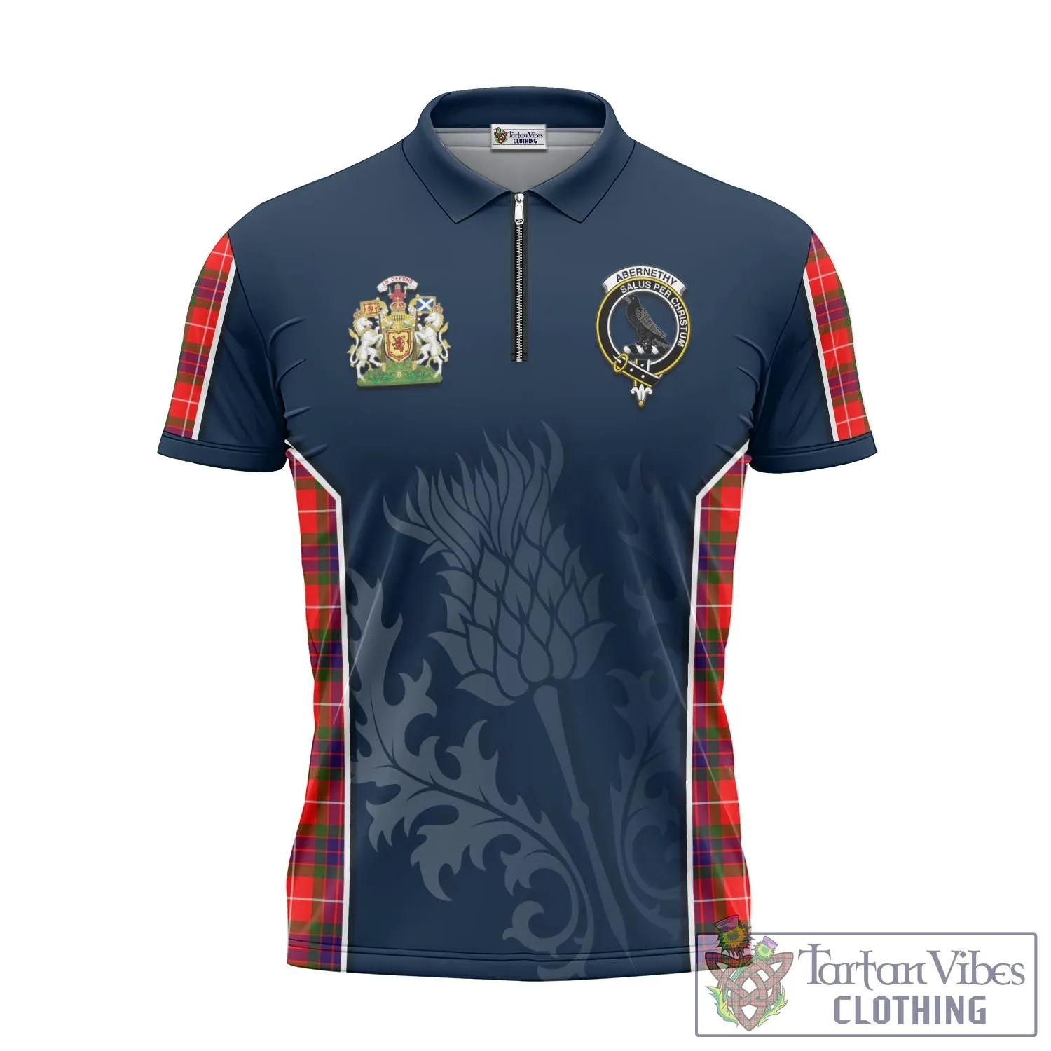 Abernethy Tartan Zipper Polo Shirt with Family Crest and Scottish Thistle Vibes Sport Style