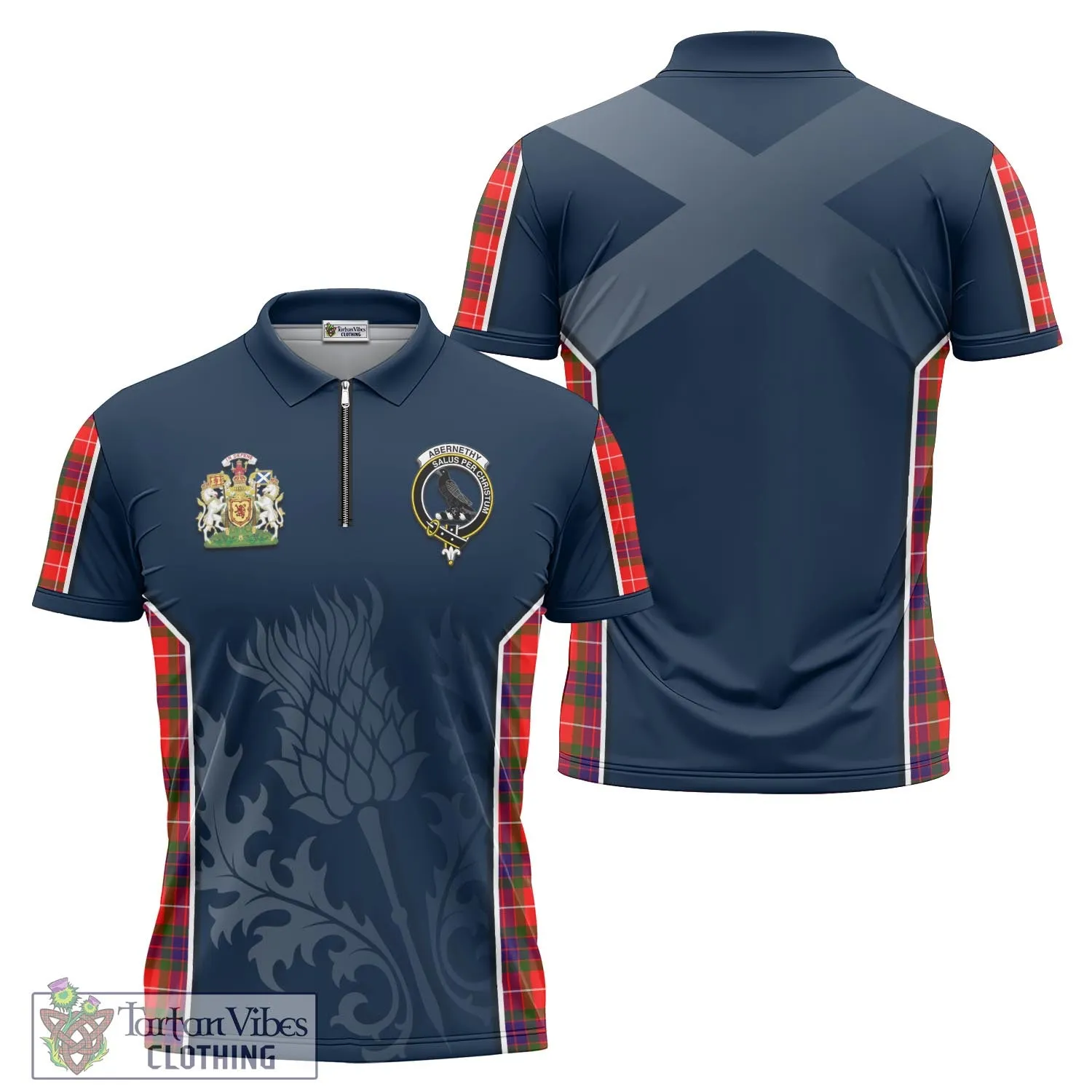 Abernethy Tartan Zipper Polo Shirt with Family Crest and Scottish Thistle Vibes Sport Style