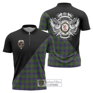 Adam Tartan Zipper Polo Shirt with Family Crest and Military Logo Style