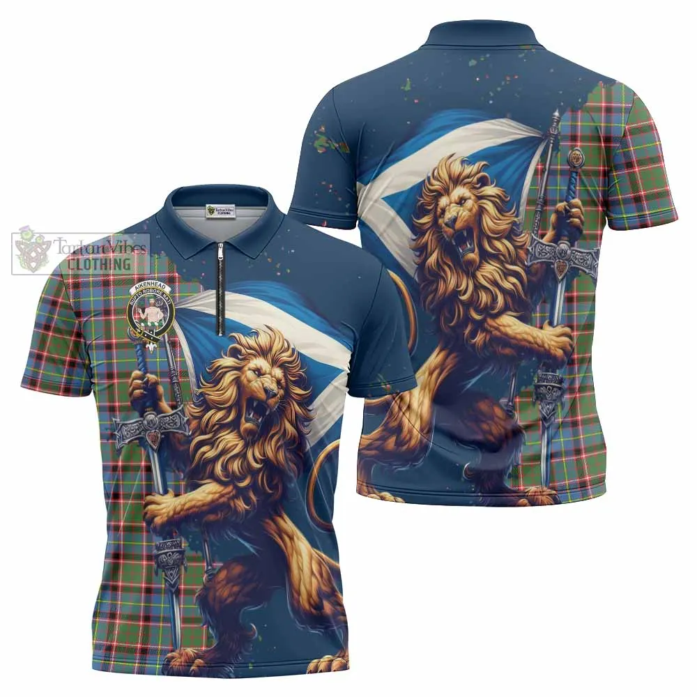 Aikenhead Tartan Family Crest Zipper Polo Shirt with Scottish Majestic Lion