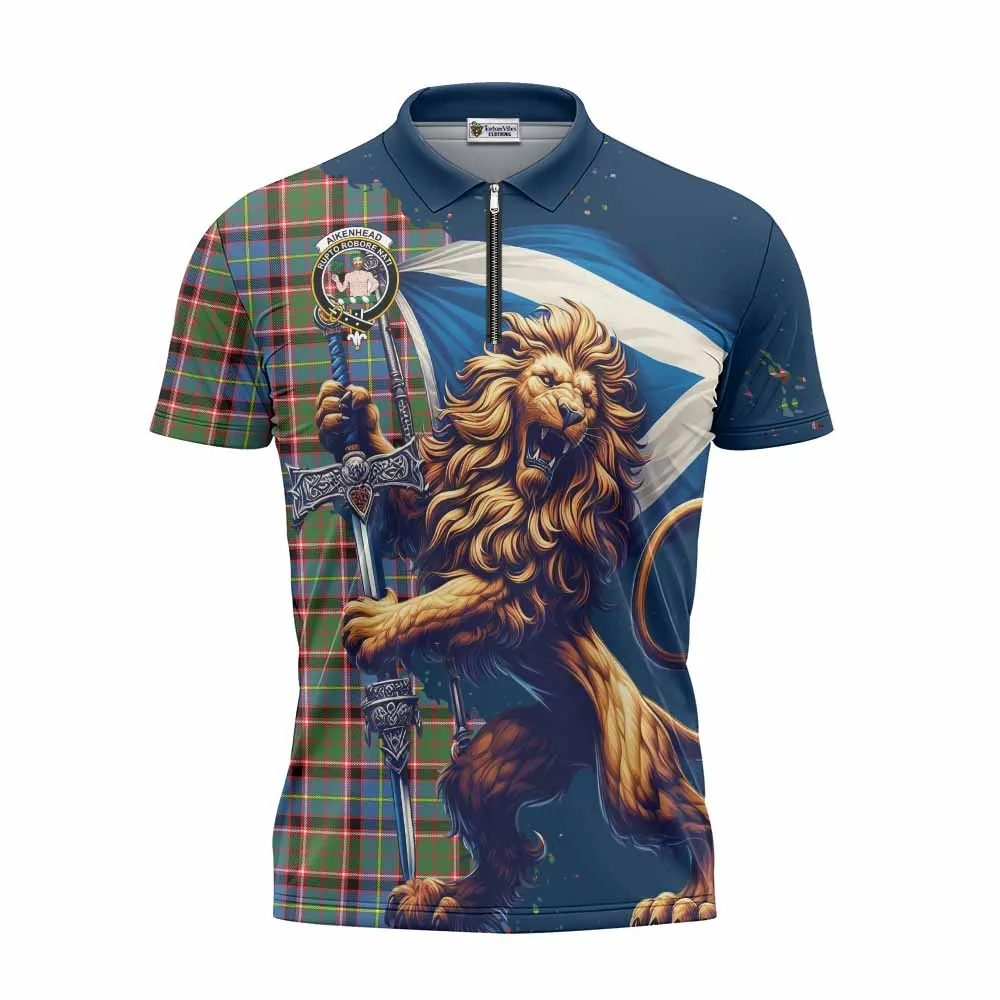 Aikenhead Tartan Family Crest Zipper Polo Shirt with Scottish Majestic Lion