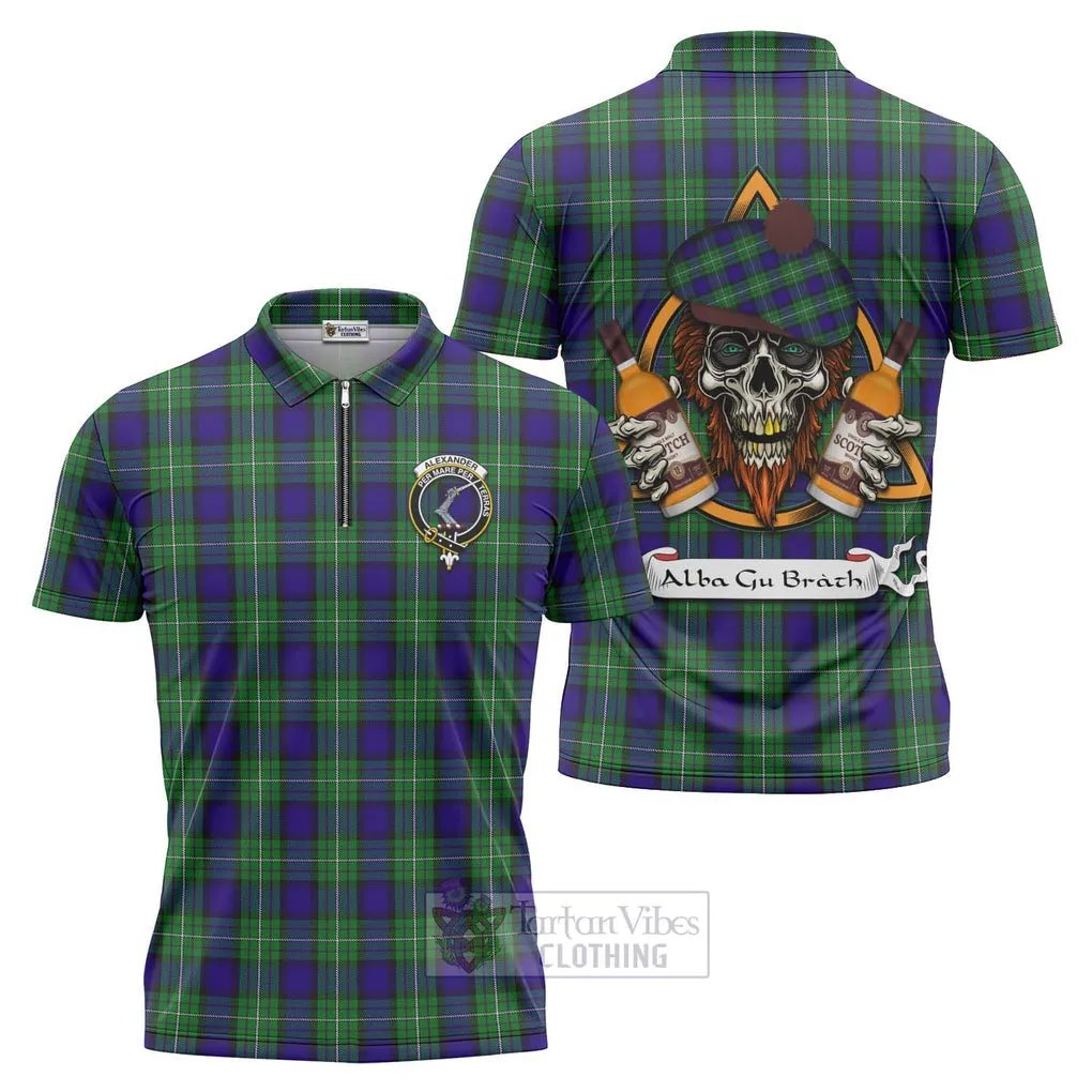 Alexander Tartan Zipper Polo Shirt with Family Crest and Bearded Skull Holding Bottles of Whiskey