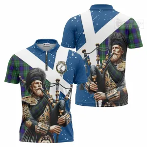 Alexander Tartan Zipper Polo Shirt with Family Crest Scottish Bagpiper Vibes