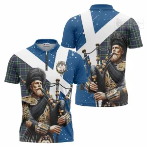 Allardice Tartan Zipper Polo Shirt with Family Crest Scottish Bagpiper Vibes