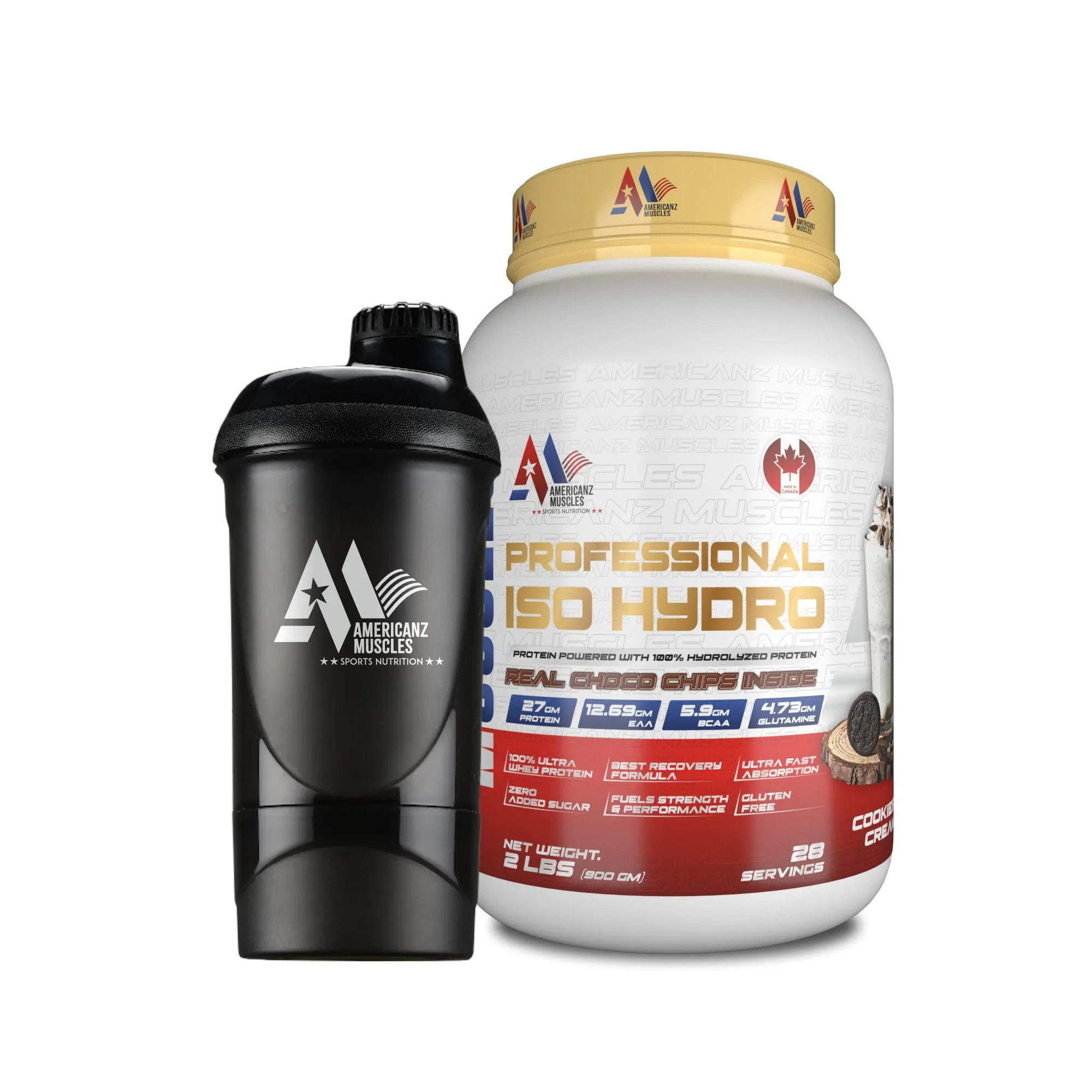 Americanz Muscles Professional ISO HYDRO Protein | 27g Per Scoop | 28 Servings | Cookie & Cream, 2 LBS | Free Shaker Included | Whey Isolate Muscle Building Supplement | Imported