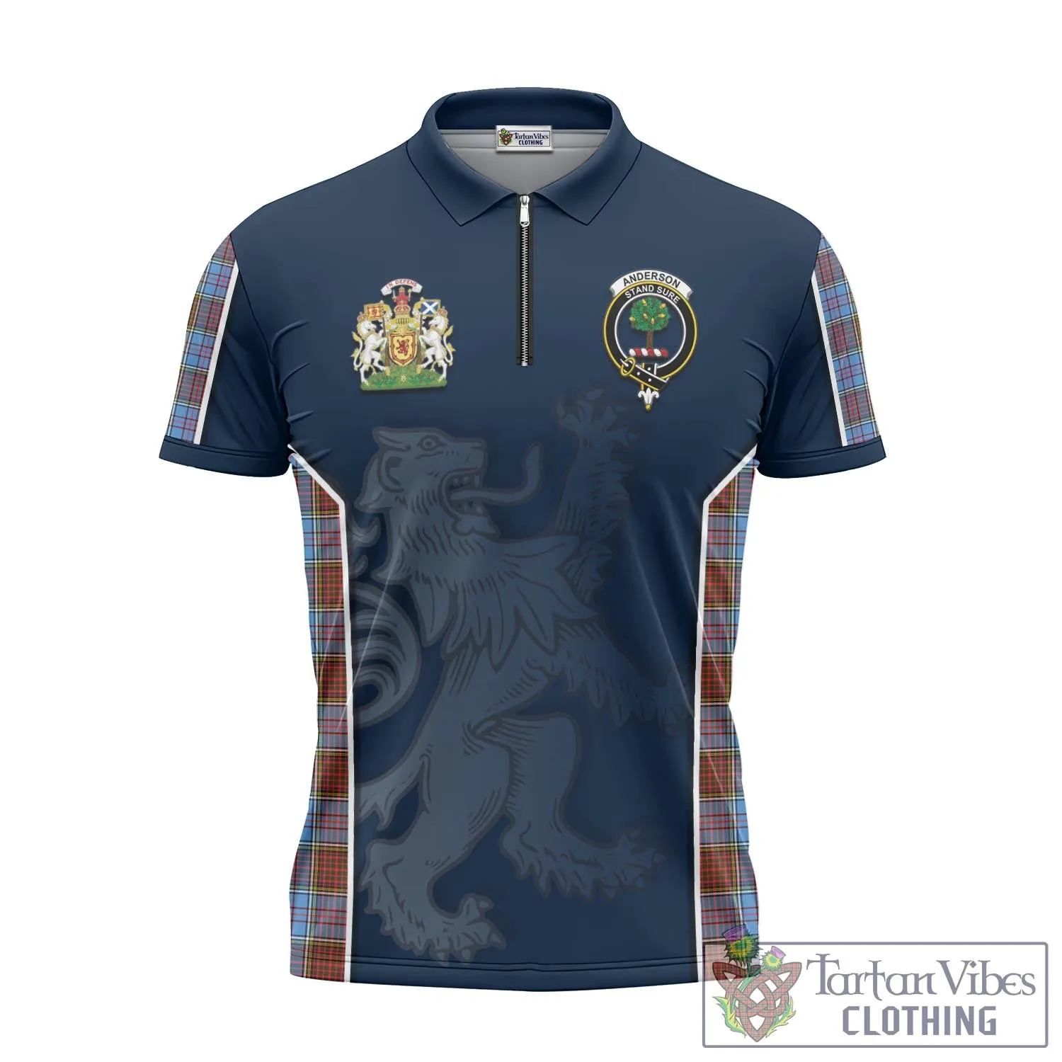 Anderson Modern Tartan Zipper Polo Shirt with Family Crest and Lion Rampant Vibes Sport Style