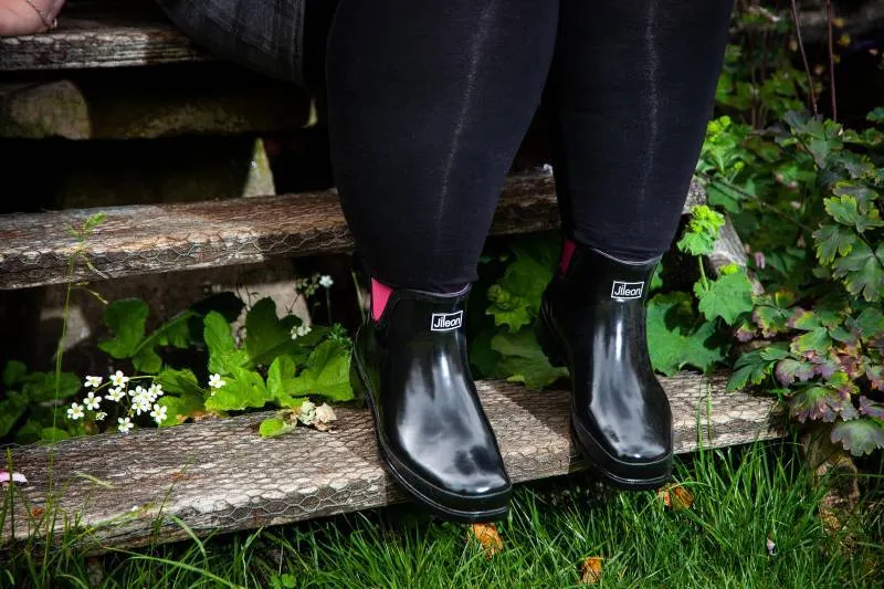 Ankle Height Rain Boots - Black Glossy - Wide Foot - Easy to Slip On