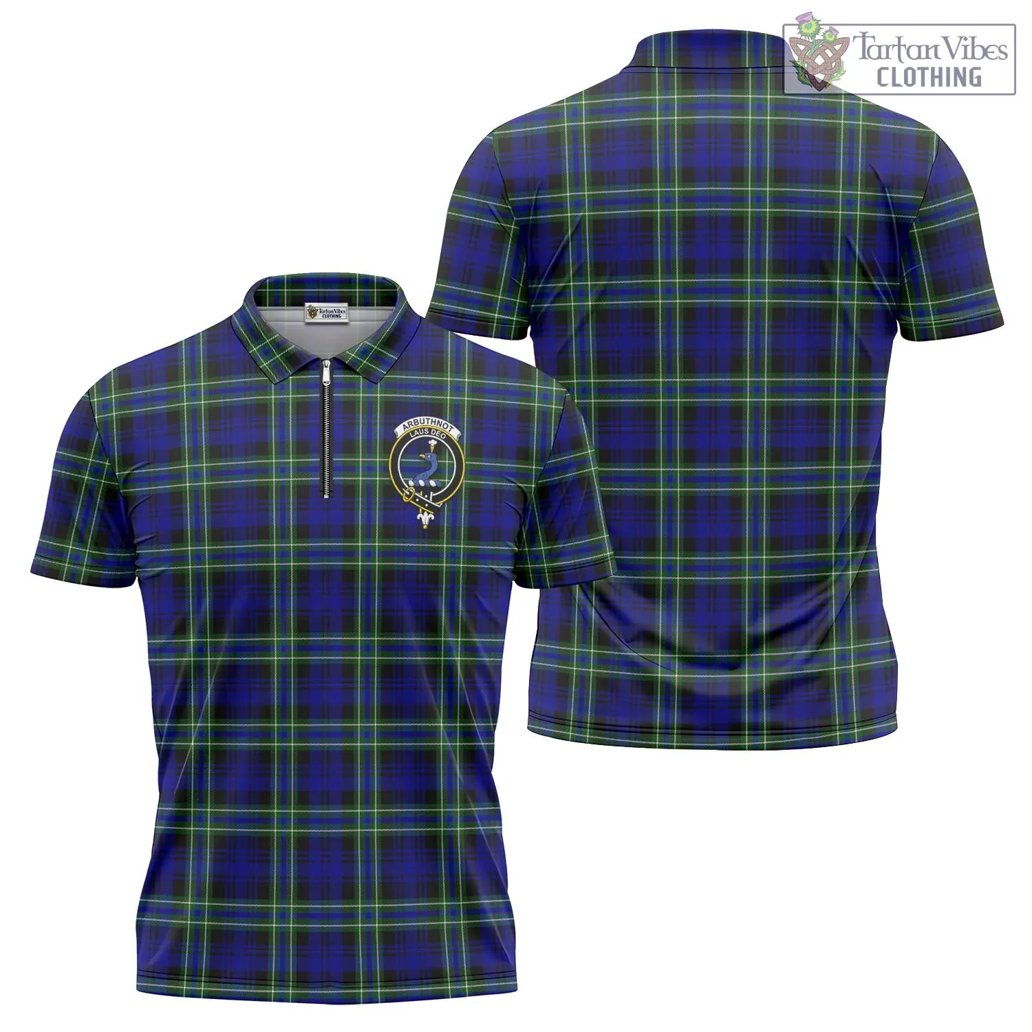 Arbuthnot Modern Tartan Zipper Polo Shirt with Family Crest