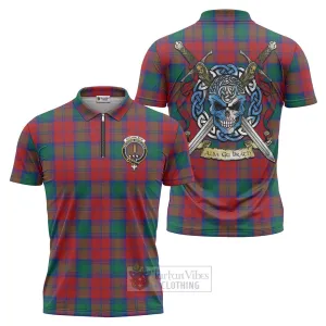 Auchinleck (Affleck) Tartan Zipper Polo Shirt with Family Crest Celtic Skull Style