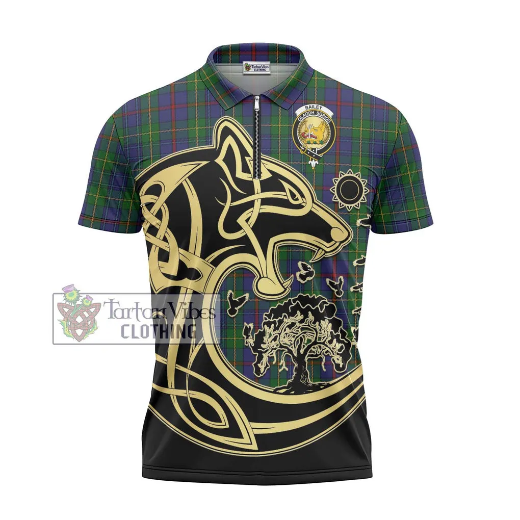 Bailey Tartan Zipper Polo Shirt with Family Crest Celtic Wolf Style