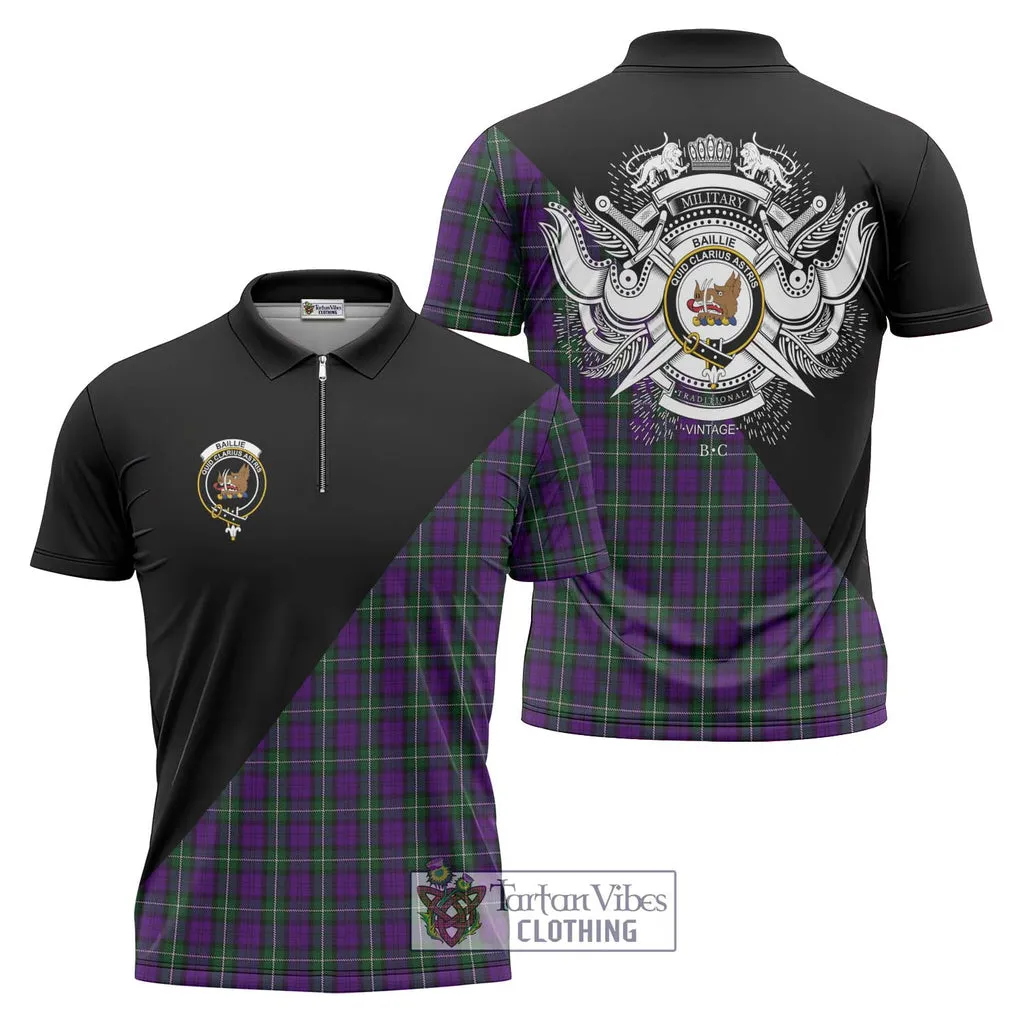 Baillie Highland Society Tartan Zipper Polo Shirt with Family Crest and Military Logo Style