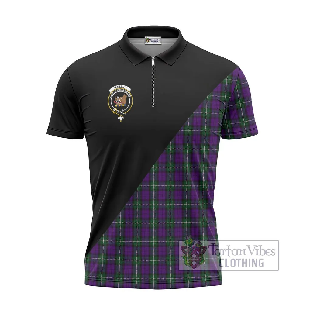 Baillie Highland Society Tartan Zipper Polo Shirt with Family Crest and Military Logo Style