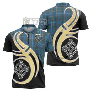 Bain Tartan Zipper Polo Shirt with Family Crest and Celtic Symbol Style