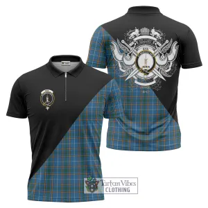 Bain Tartan Zipper Polo Shirt with Family Crest and Military Logo Style