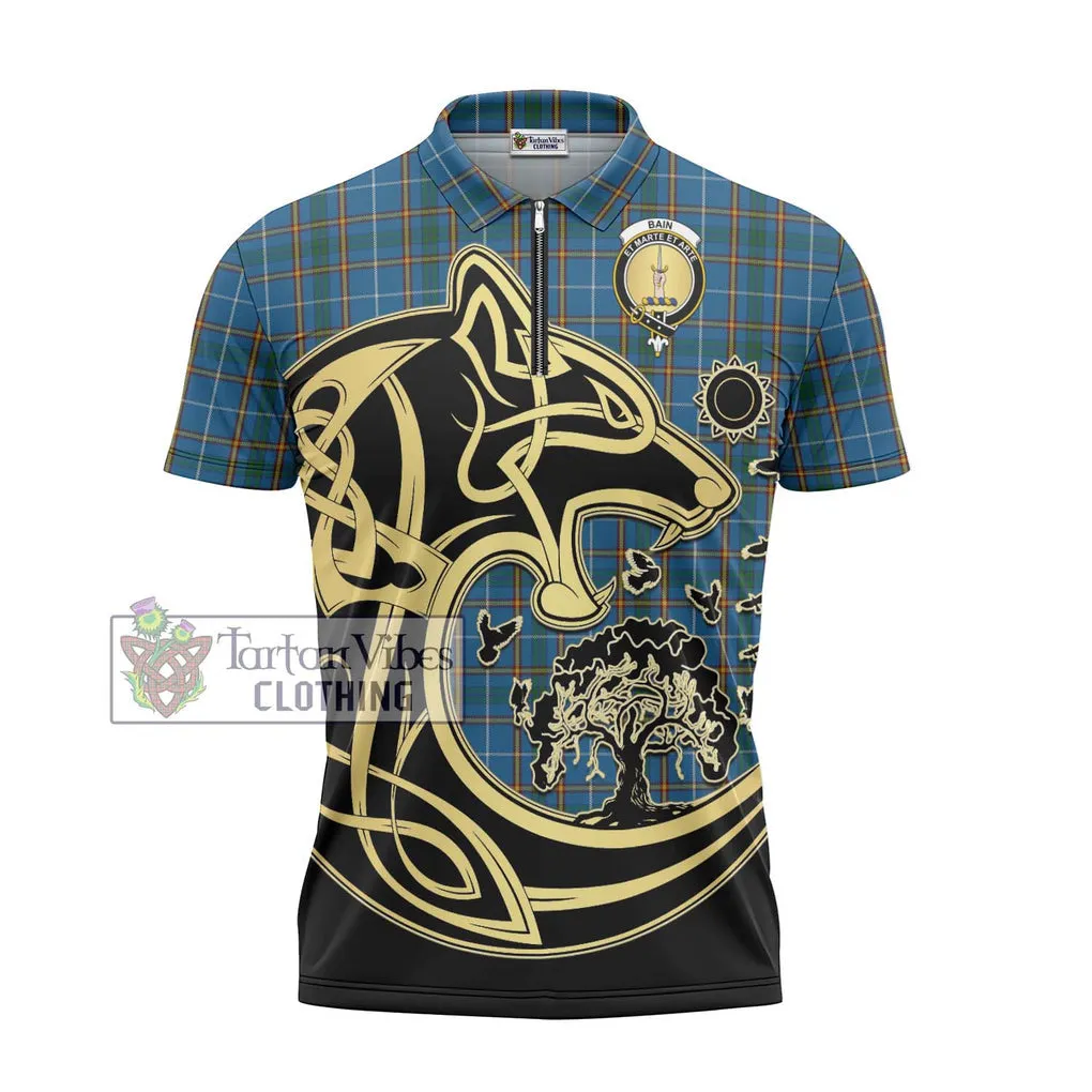 Bain Tartan Zipper Polo Shirt with Family Crest Celtic Wolf Style