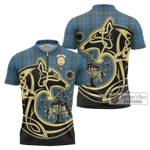 Bain Tartan Zipper Polo Shirt with Family Crest Celtic Wolf Style