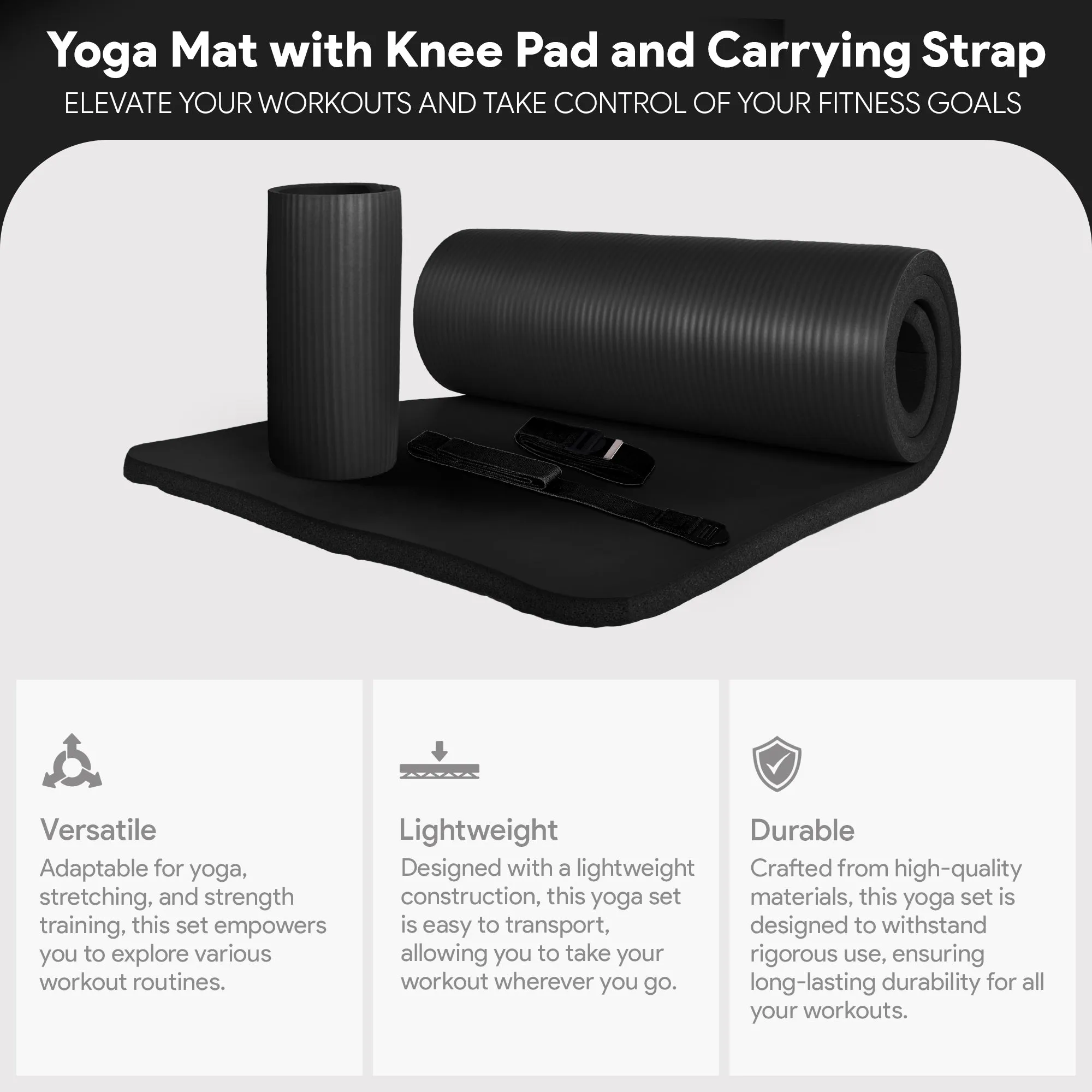 BalanceFrom 1" Extra Thick Yoga Mat w/Knee Pad & Carrying Strap, Black(Open Box)