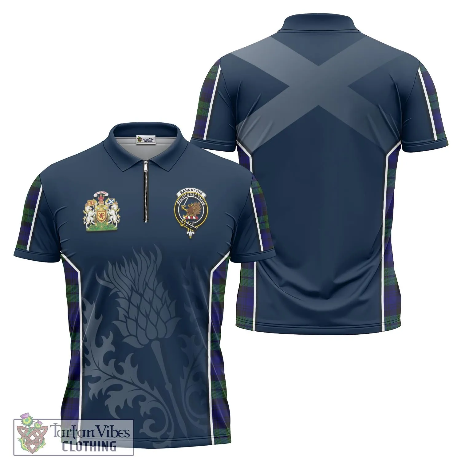 Bannatyne Tartan Zipper Polo Shirt with Family Crest and Scottish Thistle Vibes Sport Style