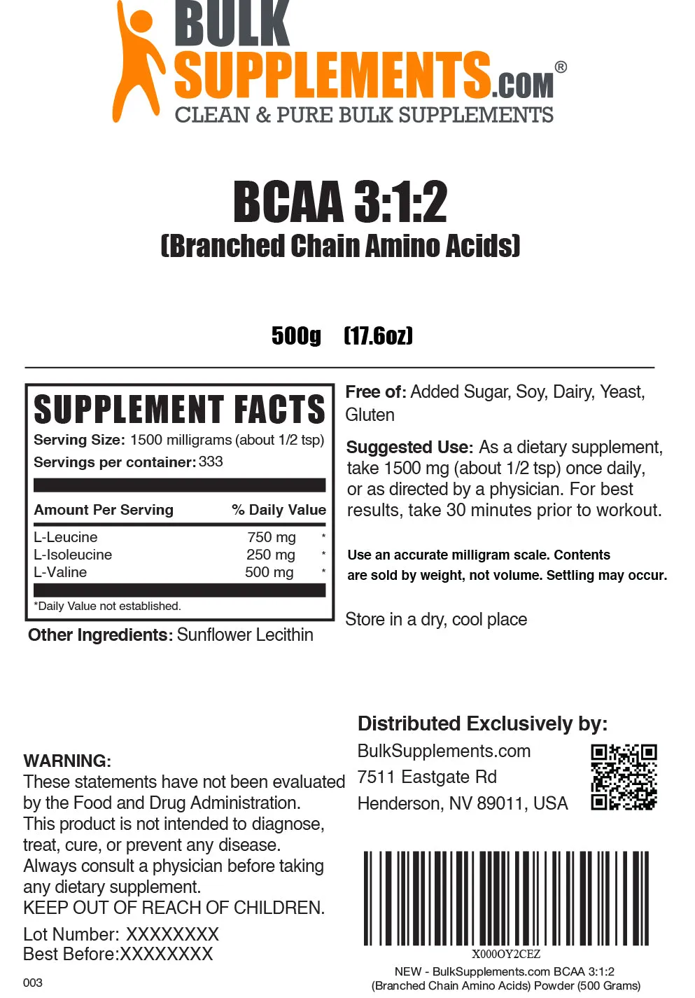 BCAA 3:1:2 (Branched Chain Amino Acids) Powder