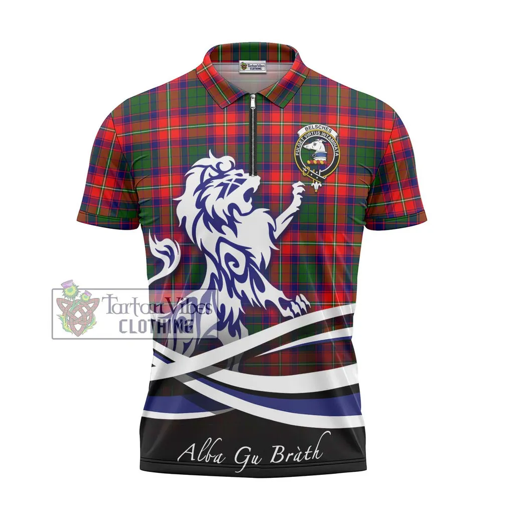 Belsches Tartan Zipper Polo Shirt with Alba Gu Brath Regal Lion Emblem