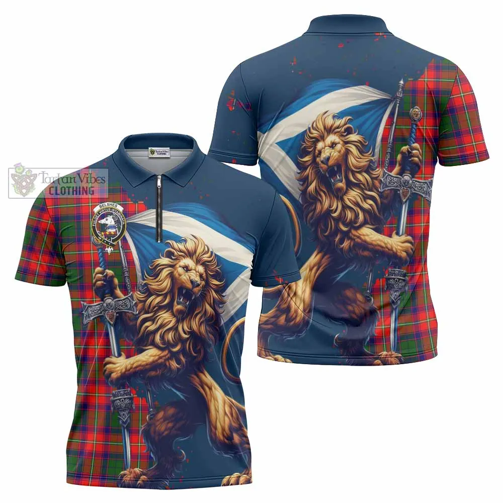 Belshes (Belsches) Tartan Family Crest Zipper Polo Shirt with Scottish Majestic Lion