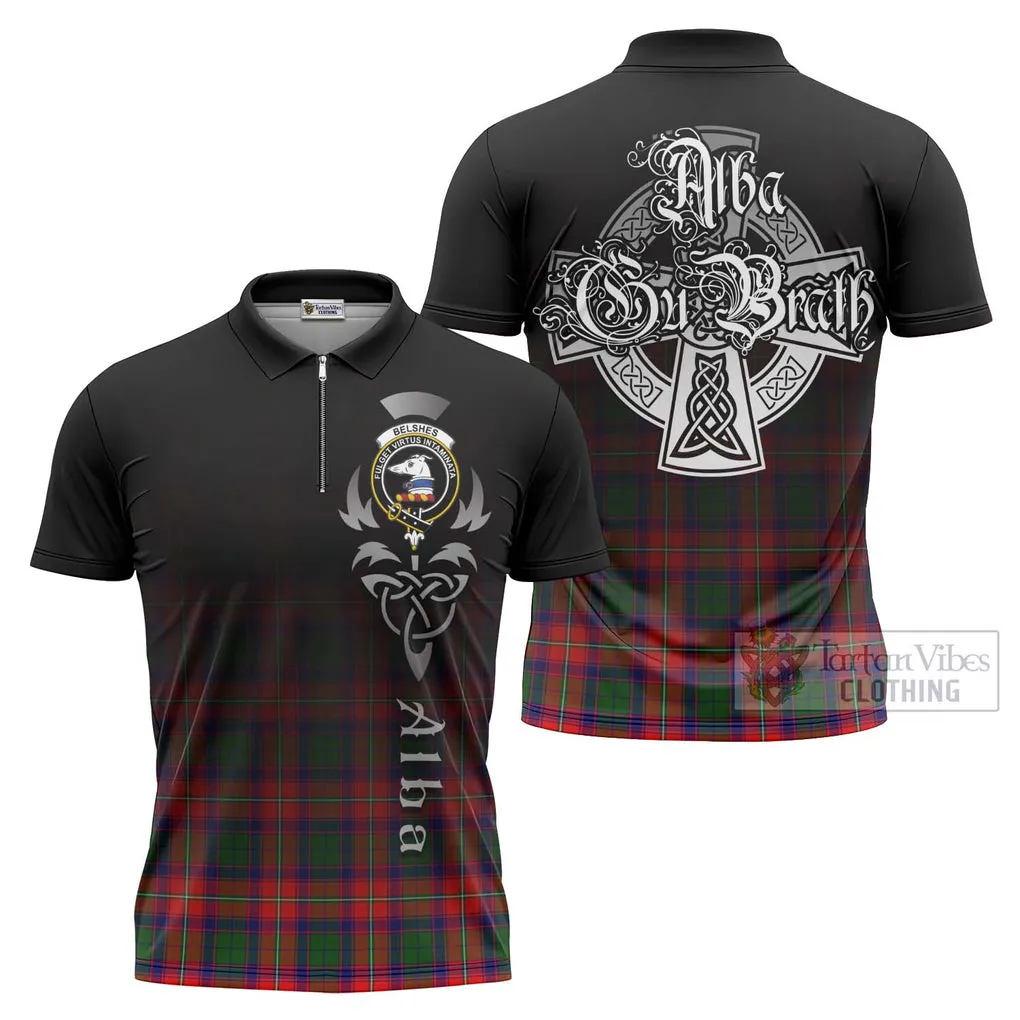 Belshes (Belsches) Tartan Zipper Polo Shirt Featuring Alba Gu Brath Family Crest Celtic Inspired