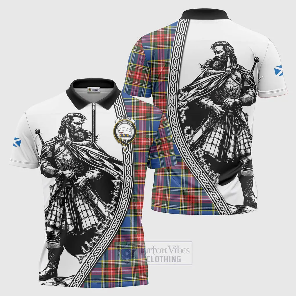 Bethune Tartan Clan Crest Zipper Polo Shirt with Highlander Warrior Celtic Style