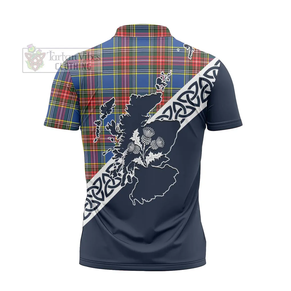 Bethune Tartan Zipper Polo Shirt Featuring Thistle and Scotland Map