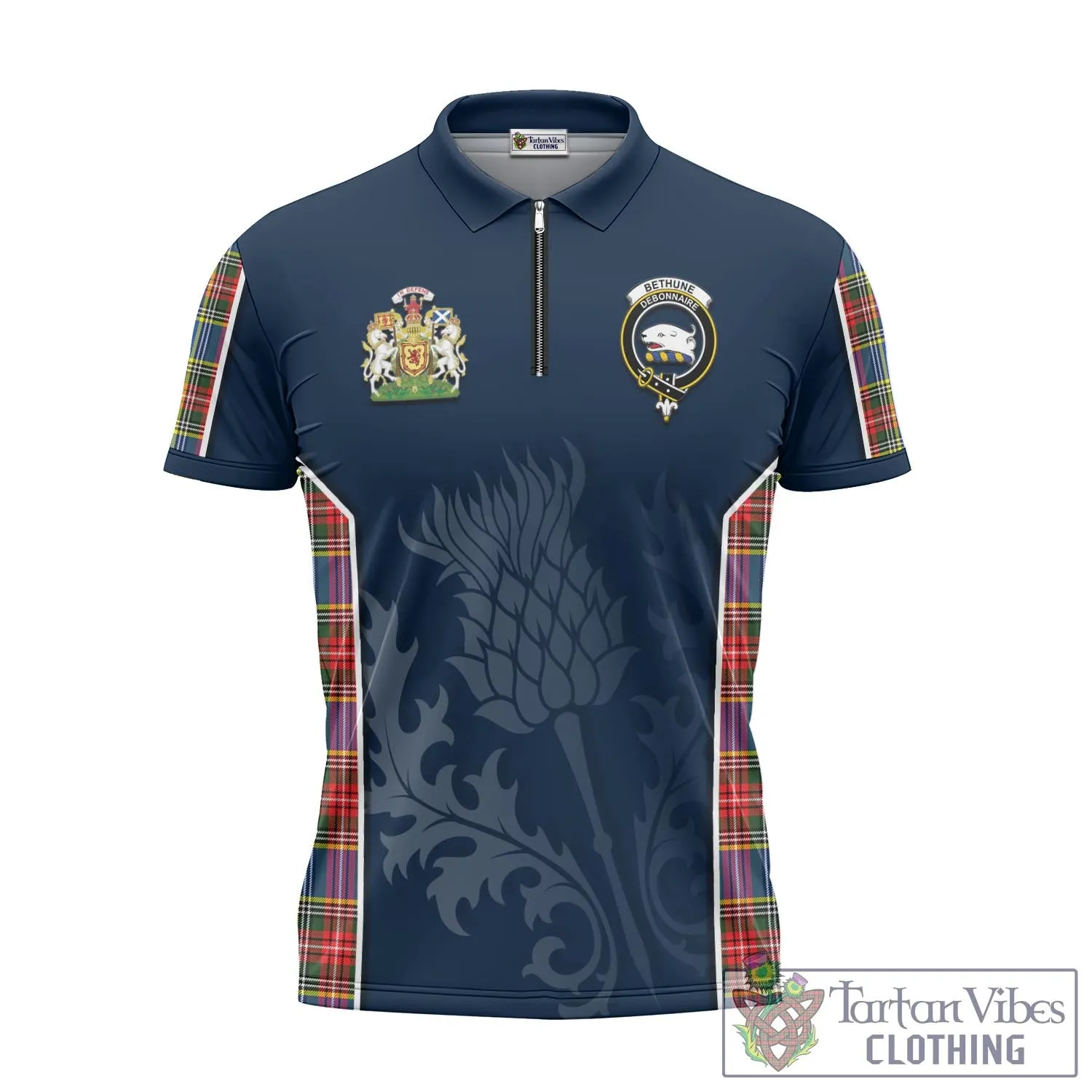 Bethune Tartan Zipper Polo Shirt with Family Crest and Scottish Thistle Vibes Sport Style