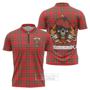 Binning Tartan Zipper Polo Shirt with Family Crest and Bearded Skull Holding Bottles of Whiskey