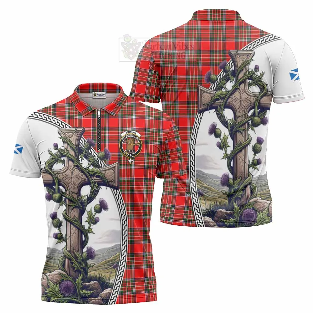 Binning Tartan Zipper Polo Shirt with Family Crest and St. Andrew's Cross Accented by Thistle Vines