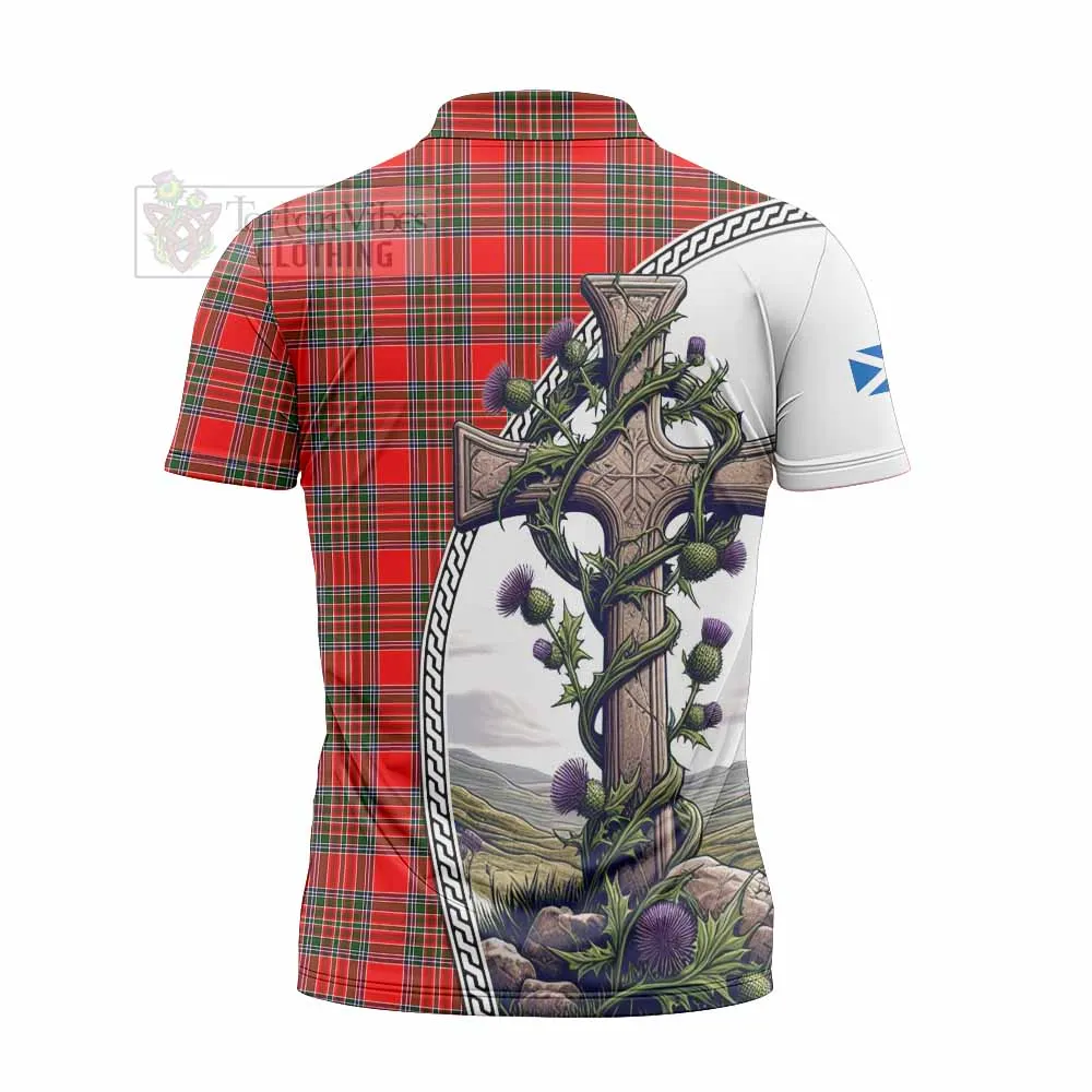 Binning Tartan Zipper Polo Shirt with Family Crest and St. Andrew's Cross Accented by Thistle Vines