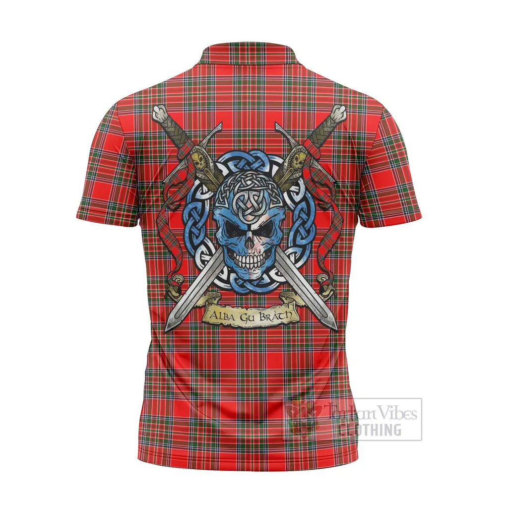 Binning Tartan Zipper Polo Shirt with Family Crest Celtic Skull Style