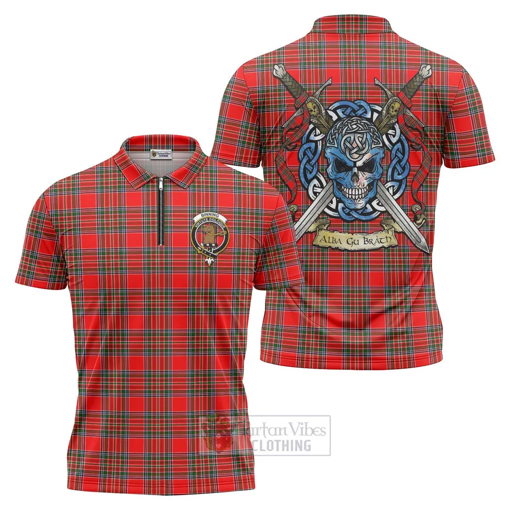 Binning Tartan Zipper Polo Shirt with Family Crest Celtic Skull Style