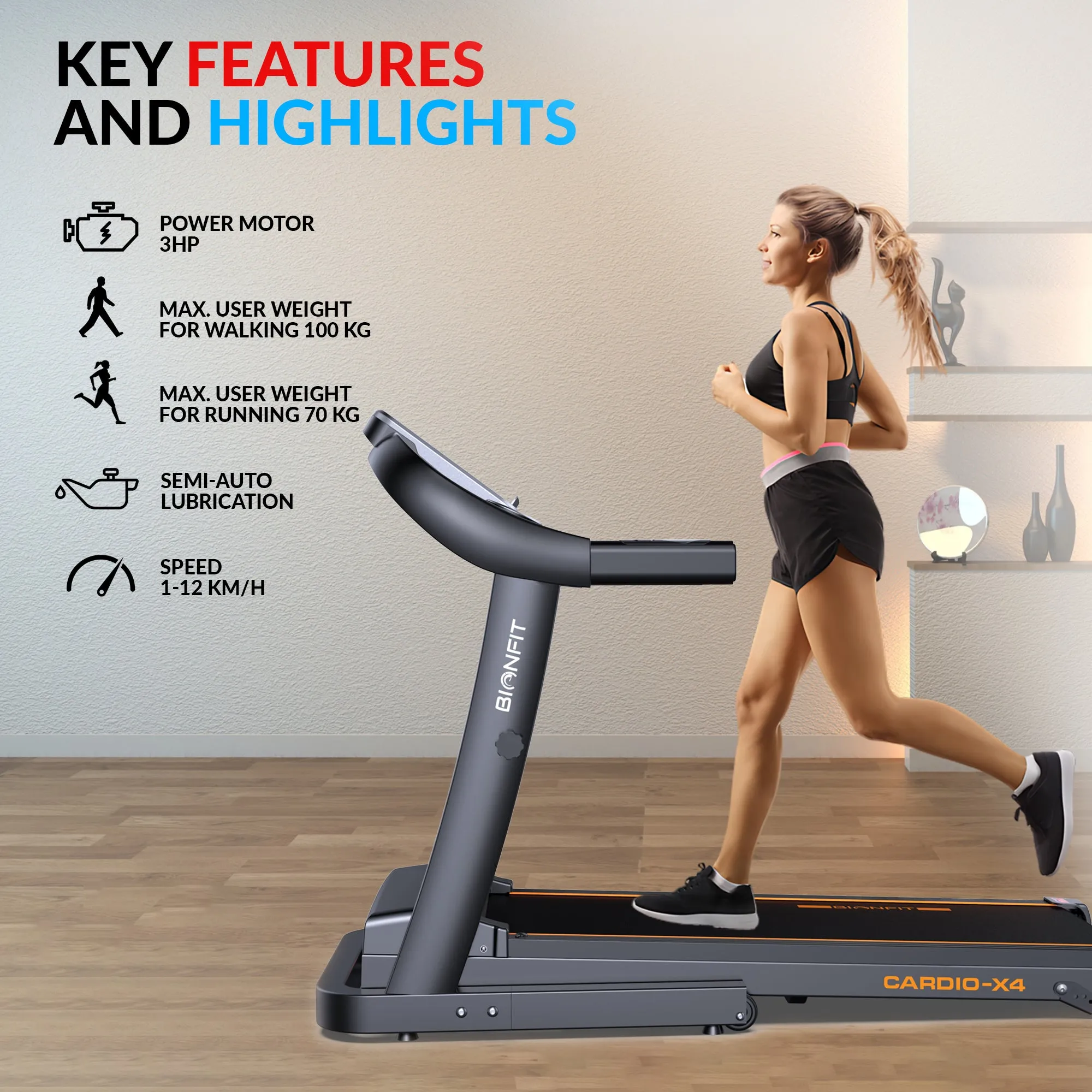 BIONFIT CARDIO-X4 Running Machine for Home Gym | 3HP Peak Motorized Max Weight: 100 Kg Treadmill