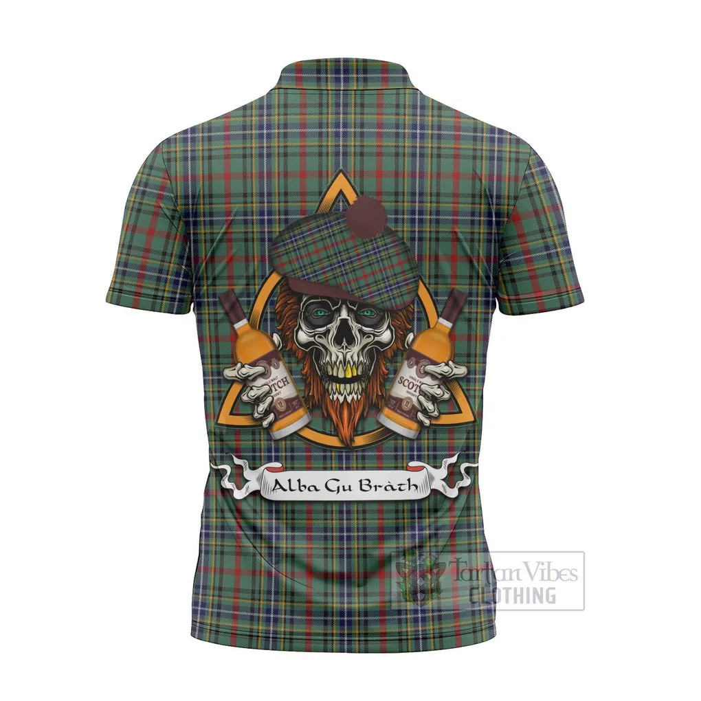 Bisset Tartan Zipper Polo Shirt with Family Crest and Bearded Skull Holding Bottles of Whiskey