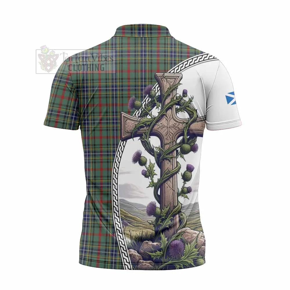 Bisset Tartan Zipper Polo Shirt with Family Crest and St. Andrew's Cross Accented by Thistle Vines