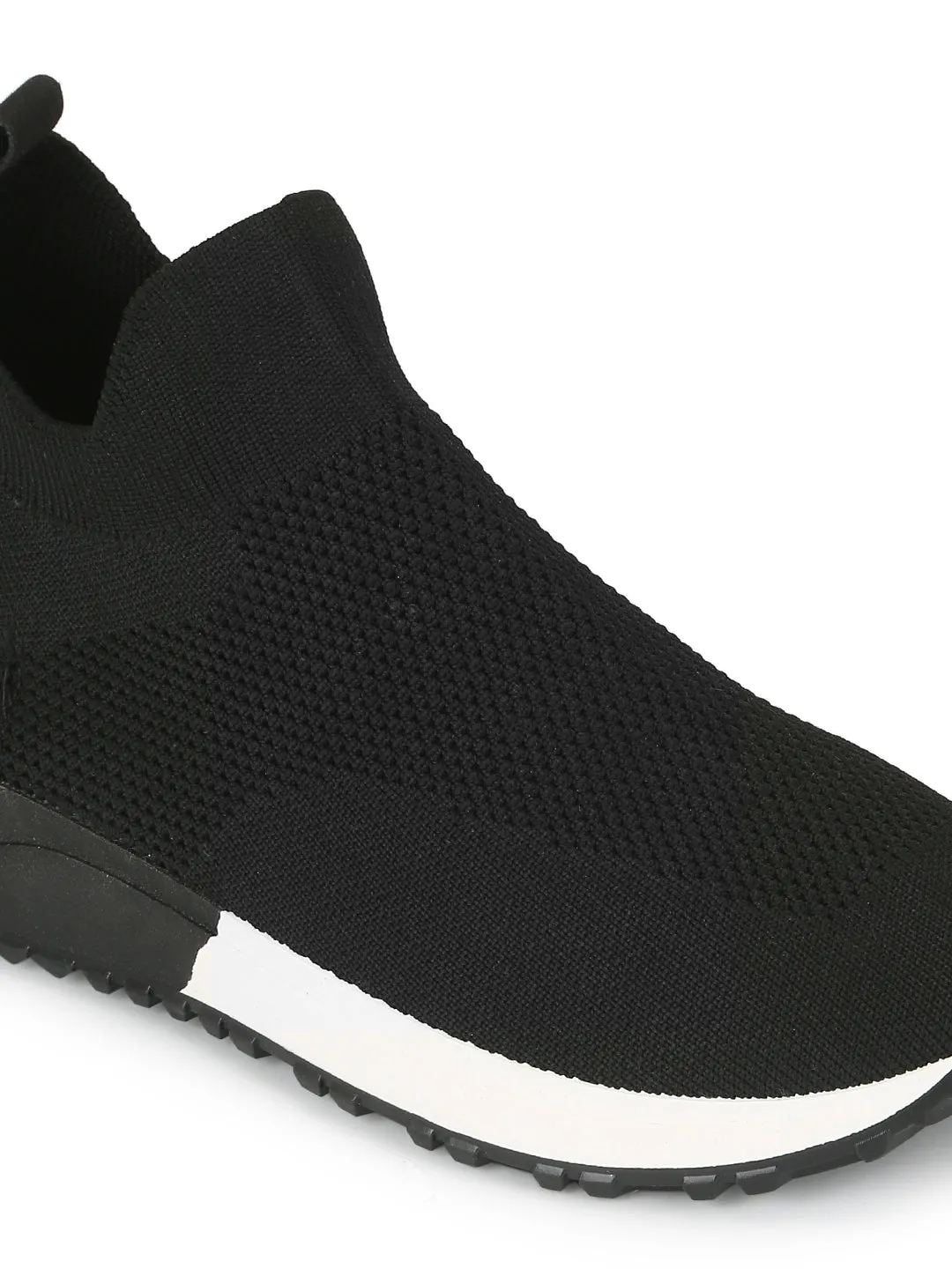 Black Knit White Sole Slip On Sneakers