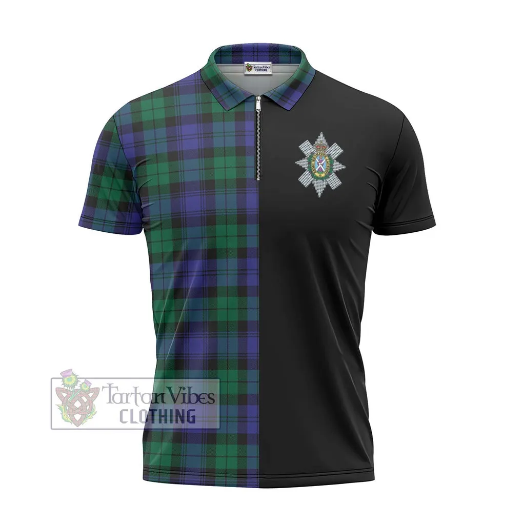 Black Watch Modern Tartan Zipper Polo Shirt with Family Crest and Half Of Me Style