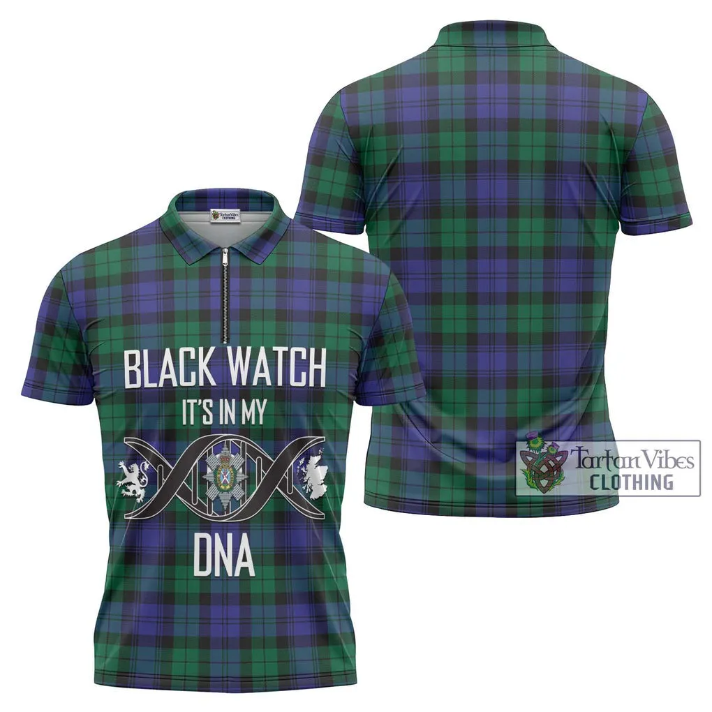 Black Watch Modern Tartan Zipper Polo Shirt with Family Crest DNA In Me Style