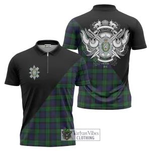 Black Watch Tartan Zipper Polo Shirt with Family Crest and Military Logo Style