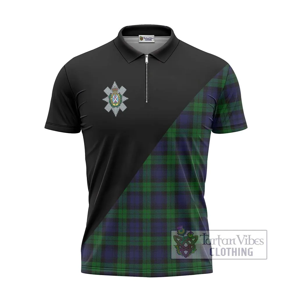 Black Watch Tartan Zipper Polo Shirt with Family Crest and Military Logo Style