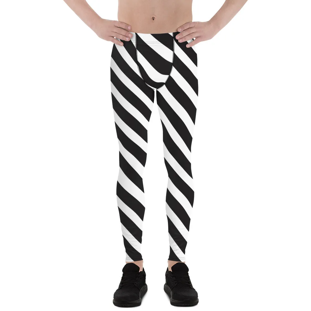 Black White Diagonal Stripes Meggings, White Striped Premium Style Men's Leggings For Men - Made in USA/EU/MX