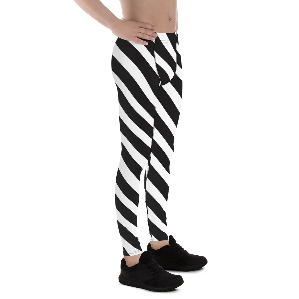 Black White Diagonal Stripes Meggings, White Striped Premium Style Men's Leggings For Men - Made in USA/EU/MX