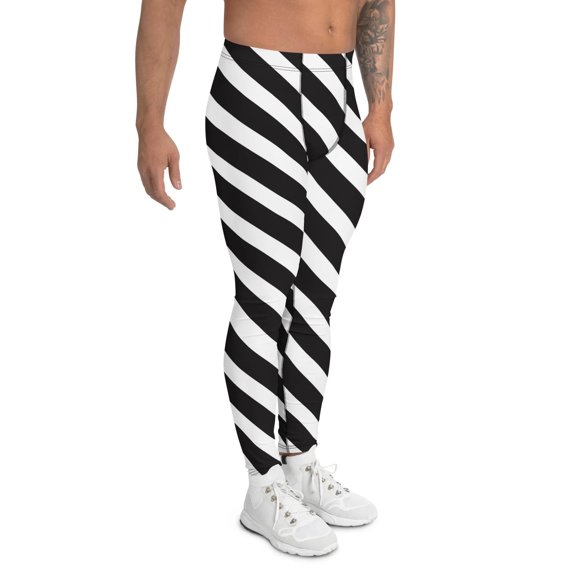 Black White Diagonal Stripes Meggings, White Striped Premium Style Men's Leggings For Men - Made in USA/EU/MX