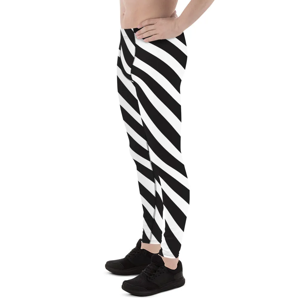 Black White Diagonal Stripes Meggings, White Striped Premium Style Men's Leggings For Men - Made in USA/EU/MX